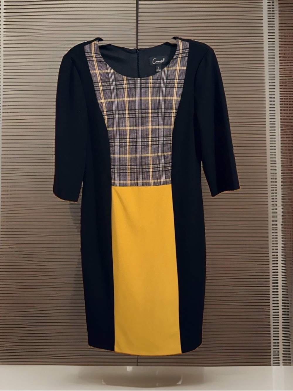 Connected Apparel Yellow & Black Plaid Colorblock Midi Dress